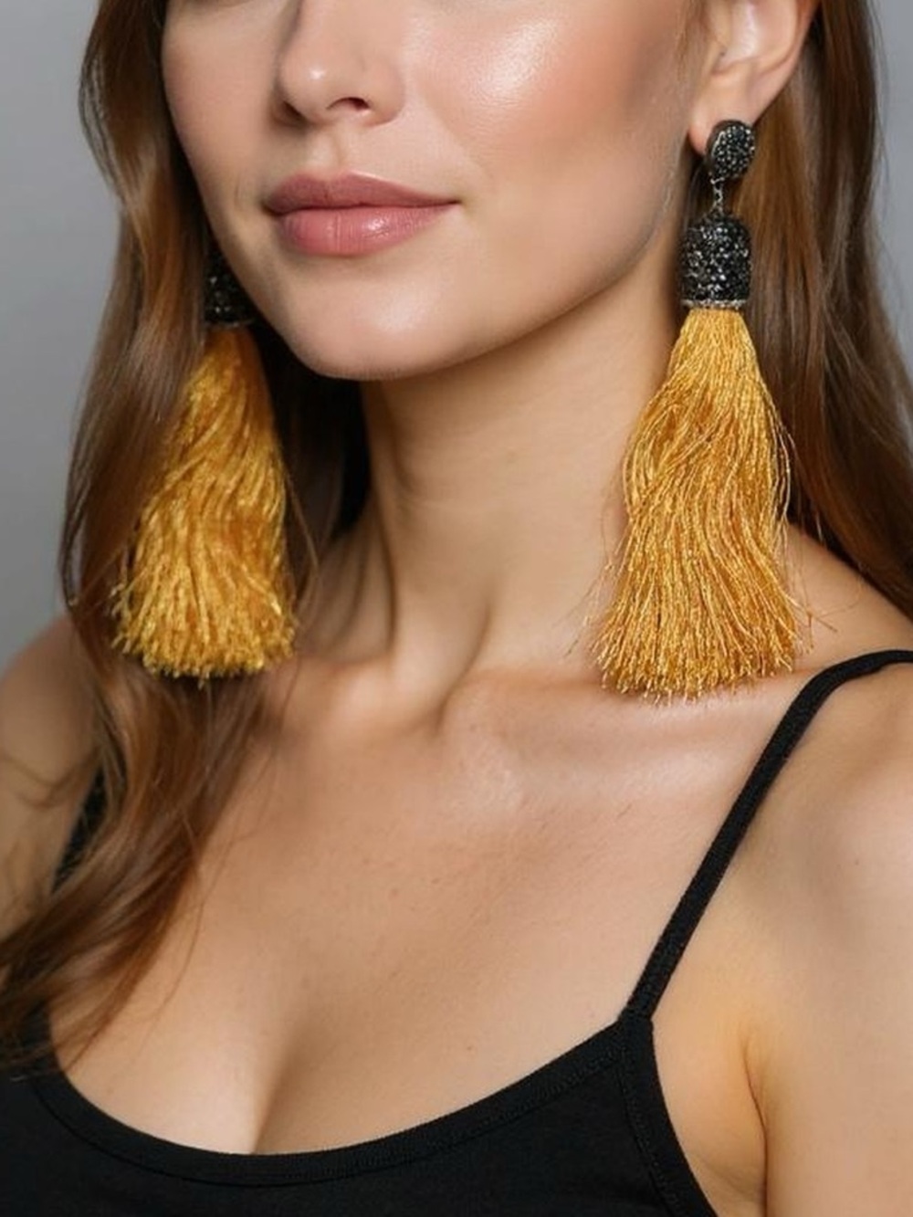 Mustard Yellow & Grey Crystal Tassel Earrings • 4.75" Shoulder Dusters